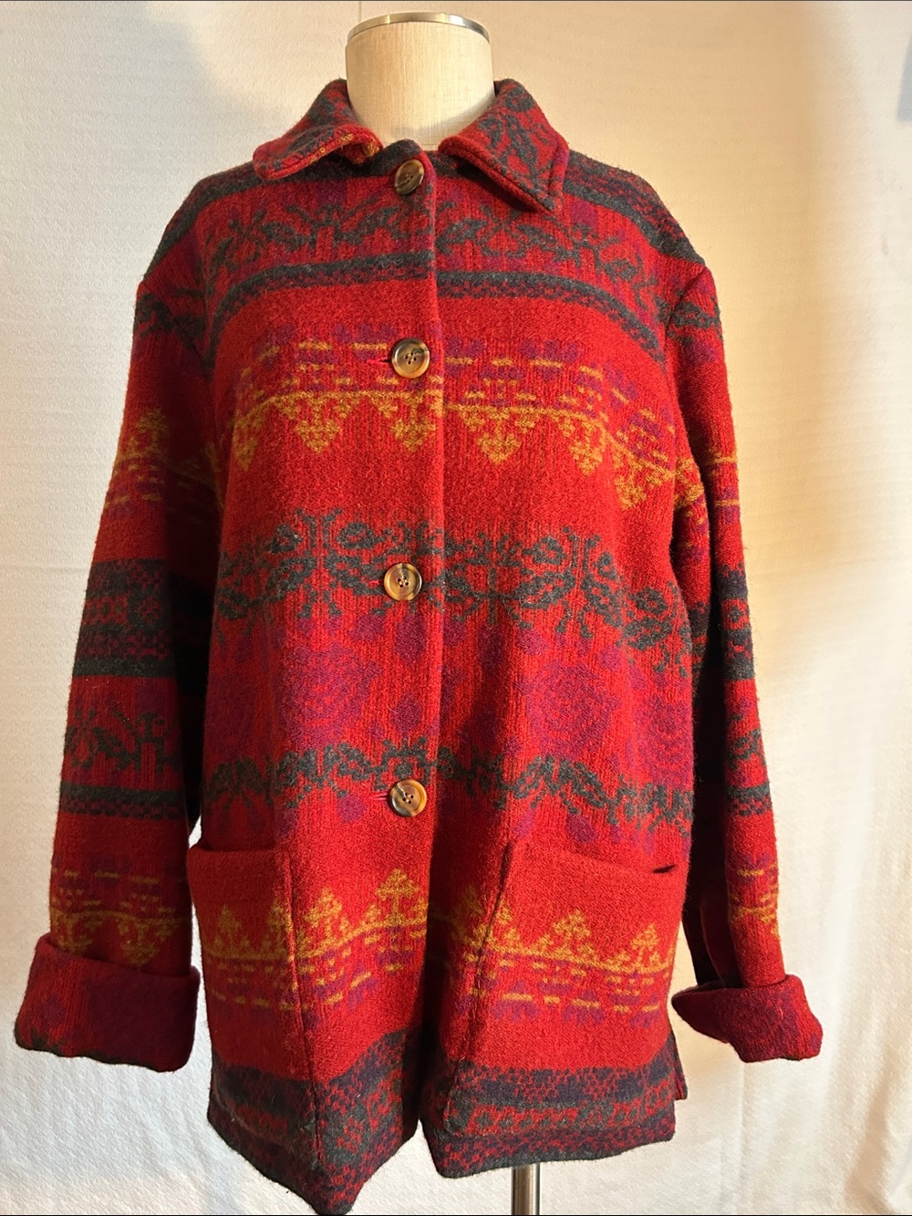 Neiman Marcus Red Patterned Button-Front Pea Coat